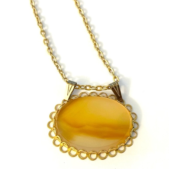 Yellow Orange Polished Glass Oval Necklace with Gold-Toned Chain - Picture 6 of 9
